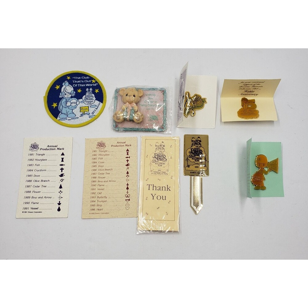 Vintage Precious Moments Collectors Club Lot Patch Pins Bookmark Cards Enesco 90